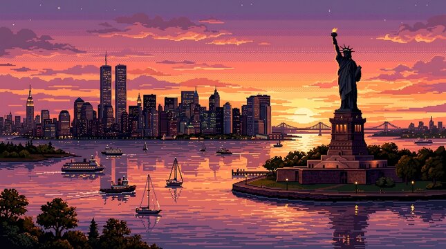 Detailed pixel art landscape featuring the iconic Statue of Liberty and New York city on white background