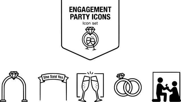 Engagement Party Outline Icon Set with Diamond Ring, She Said Yes Banner and Champagne Toast Frames, Editable Vector Line Art, 5 Icons