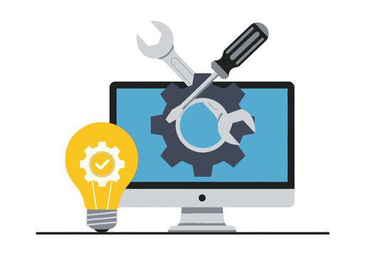 Computer screen with tools and lightbulb representing technical support and innovative solutions for business and IT services.