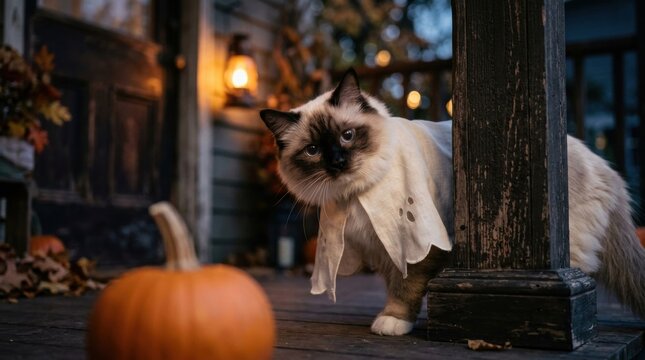 Curious ragdoll wearing a cat halloween costume styled as a linen ghost, peeking around a weathered porch post beside an orange pumpkin under warm lantern glow and softly blurred autumn foliage