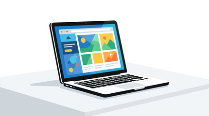 Fototapeta premium A flat vector illustration of a laptop on a desk displays productivity and engineering icons