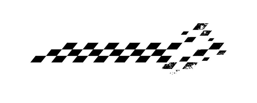 Minimal black and white checkered racing motion stripe, simplified motorsport flag squares fading forward, clean speed accent element for car branding, race posters, esports graphics