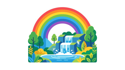 Fototapeta premium A vibrant rainbow arcs over a serene waterfall scene with lush trees and foliage in a natural landscape illustration featuring a stylized IconaStudio design element.