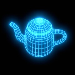 Teapot futuristic wireframe 3D model. Low poly object. Connection structure. Polygonal mesh teapot. Digital hologram on dark background. 3D render © JEGAS RA