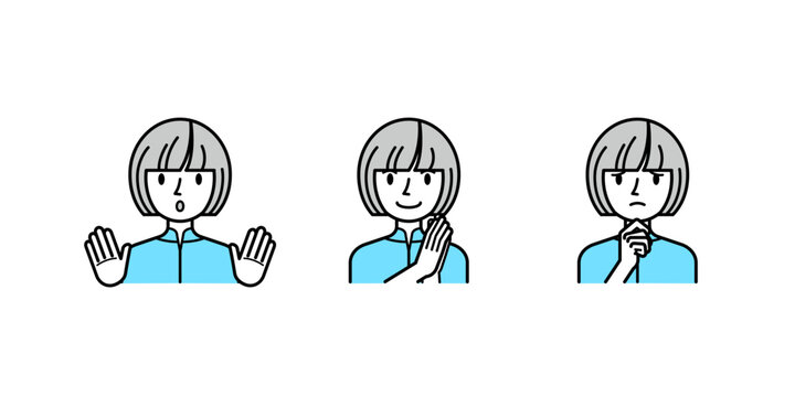 ベクターイラスト素材：笑顔・驚き・困り顔の若い女性リアクションイラスト