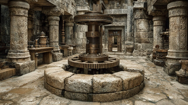 Ancient automation devices in temples demonstrate sophisticated engineering hydraulics and movement revealing mechanical knowledge centuries ahead of its time globally
