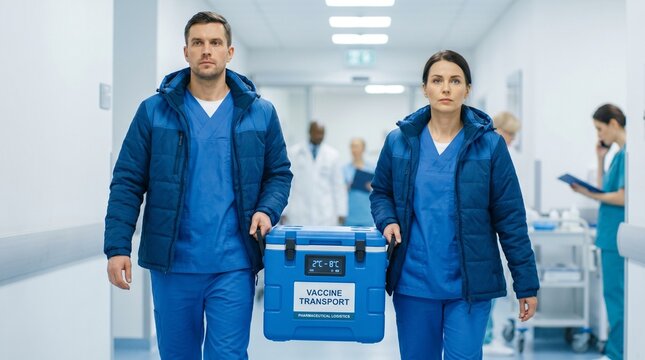 Two medical logistics workers wearing jackets carrying blue vaccine transport box through modern white hospital hallway corridor