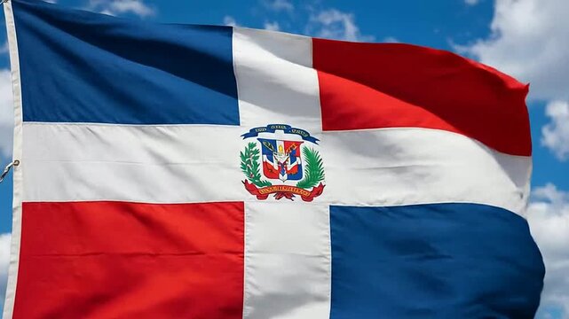 Dominican Republic Flag Flying Against Blue Sky