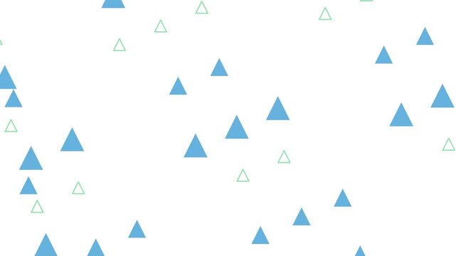 Abstract Minimalist Cascading Blue and Green Triangles Falling on White Background