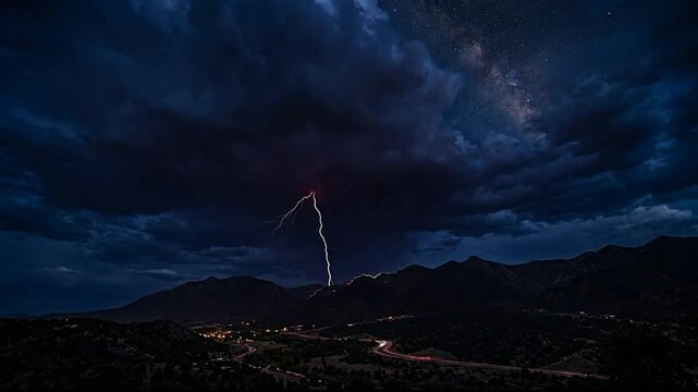 Dramatic lightning storm over mountain landscape at night