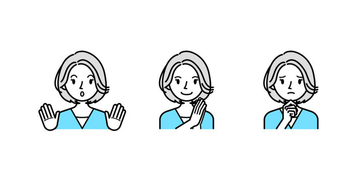 ベクターイラスト素材：笑顔・驚き・困り顔の若い女性リアクションイラスト