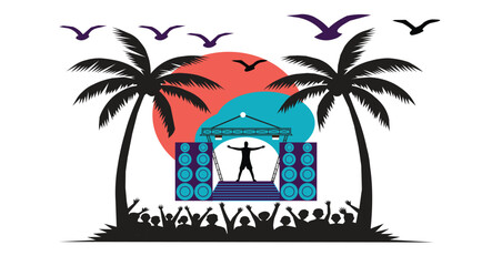 Obraz premium Summer Beach Concert Stage with Performer, Palm Trees and Vibrant Sunset - Tropical Music Festival Vector Illustration