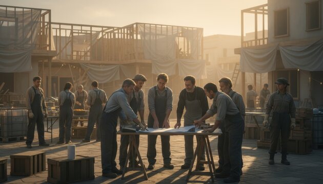 Sunset Team Assembly at Construction Site.