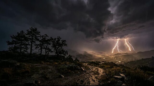 Dramatic thunderstorm with lightning over rugged mountain landscape