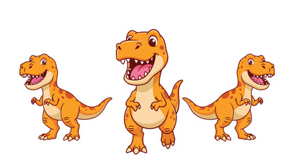 Fototapeta premium Three cheerful cartoon Tyrannosaurus Rex dinosaurs standing together on a white background.