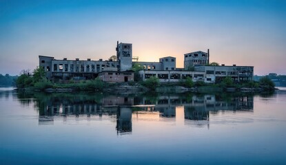 Fototapeta premium Ruins of a building by the water during sunset with reflections on the surface