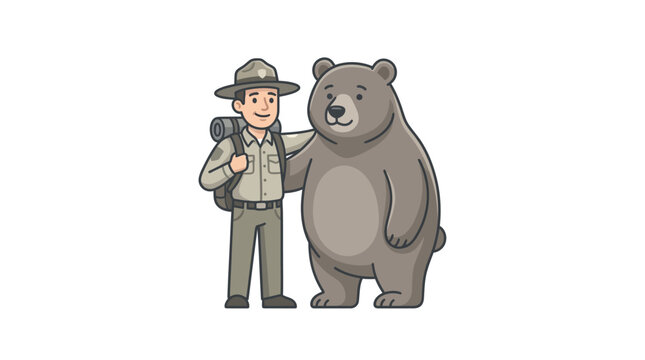 Cartoon man with big bear friend.