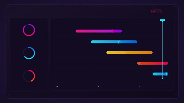 Modern data visualization dashboard showing a colorful Gantt chart and project timeline progress bars in a dark mode UI for business analytics and productivity software.