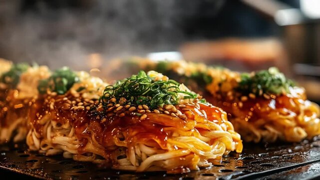 selective focus chef cooking okonomiyaki on griddle at lively japanese festival street food stall