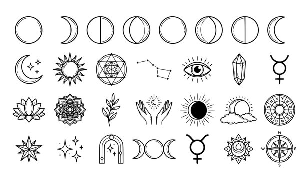  Moon Phases Hand Drawn Sacred Geometry Vector Set with Mystic Astrology Lunar Symbols for Tattoo Design
