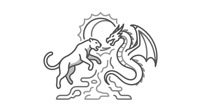 Dog and dragon fighting face to face.