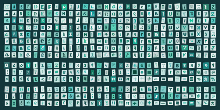 Buchstaben und Zahlen im Erpresserbrief Stil, ausgeschnittene Typografie fuer kreative Collagen, Designelemente fuer Plakate und Flyer