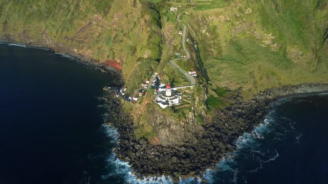 Aerial view of arnel lighthouse on sao miguel island, azores