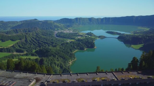 Aerial view of the abandoned hotel overlooking the sete cidades lakes on sao miguel island, azores