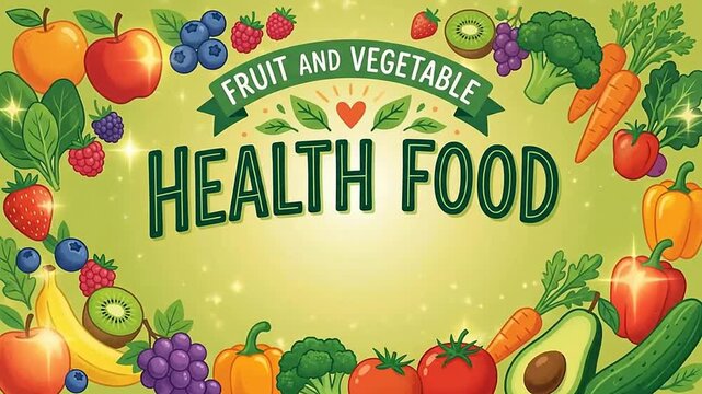 Fresh Fruit and Vegetable Illustration with Bright Green Background