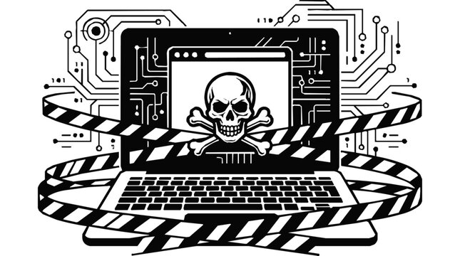 cyber security malware digital threat data breach computer virus concept showing a skull on a laptop screen wrapped in hazard tape