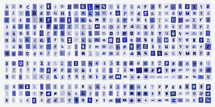 Alphabet und Zahlen im Erpresserbrief Stil, blaue Buchstaben Collage fuer kreative Designs, Typografie Set fuer Collagen und Bastelprojekte