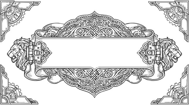 dark steampunk border design with ornate lion heads and celtic knots framing central copy space for vintage branding.