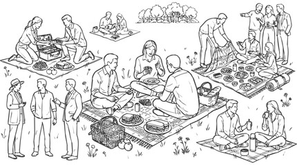 Obraz premium Detailed hand-drawn sketch and drawing showing various people enjoying a relaxing outdoor picnic lunch in a public park setting