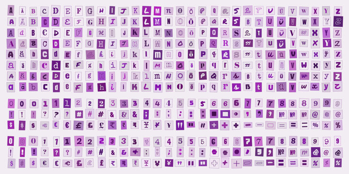 Buchstaben und Zahlen im Erpresserbrief Stil, violette Collage Schriftzeichen fuer kreative Designs und individuelle Texte
