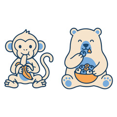 Fototapeta premium Cute Cartoon Monkey Eating Banana and Polar Bear with Blueberries Bowl Vector 