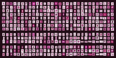 Fototapeta premium Erpresserbrief Buchstaben und Zahlen Set, ausgeschnittene Zeitungsbuchstaben fuer kreative Collagen und anonyme Nachrichten Designs