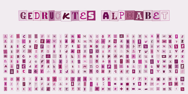 Gedrucktes Alphabet, Buchstaben und Zahlen im Collage Stil fuer kreative Bastelprojekte, Scrapbooking Designelemente und Typografie Dekoration