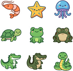 Obraz premium Set of Cute Kawaii Style Aquatic and Amphibian Animal Illustrations.