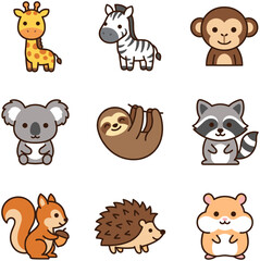 Fototapeta premium Set of Cute Kawaii Style Wild Animals Icons.