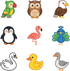 Set of cute cartoon birds collection including parrot owl eagle penguin flamingo peacock swan duck and goose. © Alvina