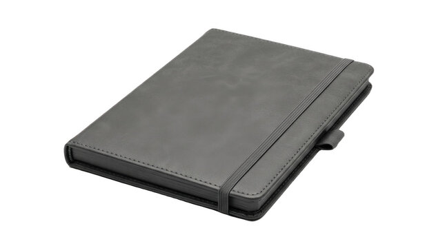 Gray faux leather organizer notebook folio with elastic strap and pen loop, compact professional journal cover for meetings, planning, travel and daily business notes

