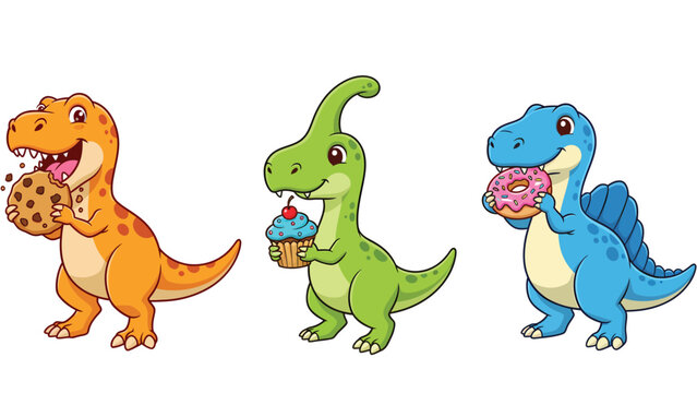 Three cute cartoon dinosaurs happily eating delicious treats like cookies, cupcakes, and donuts.