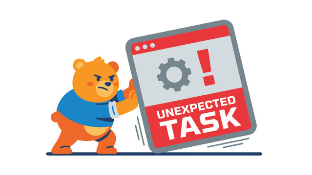 Angry cartoon bear struggling to push a large computer screen with an 'Unexpected Task' error message.
