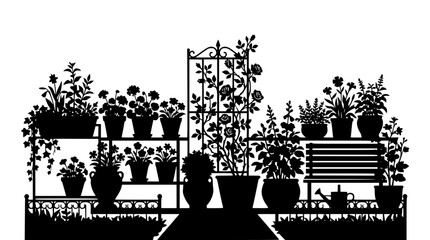 Fototapeta premium Silhouette of Garden Potted Plants and Flowers on Shelves with Bench