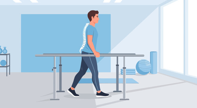 Man in Physical Therapy Walking on Parallel Bars, Spinal Rehabilitation