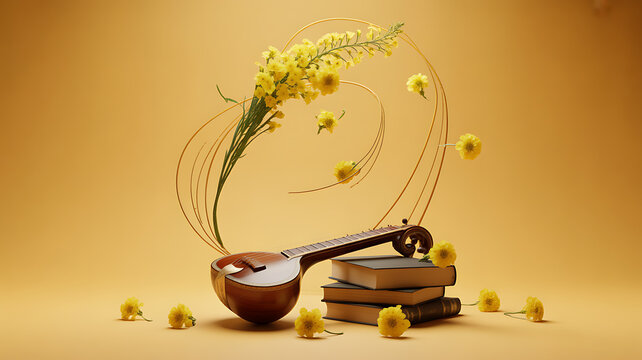 A traditional string instrument rests beside a stack of books with yellow flowers arranged in a spiral, set against a warm yellow background.
