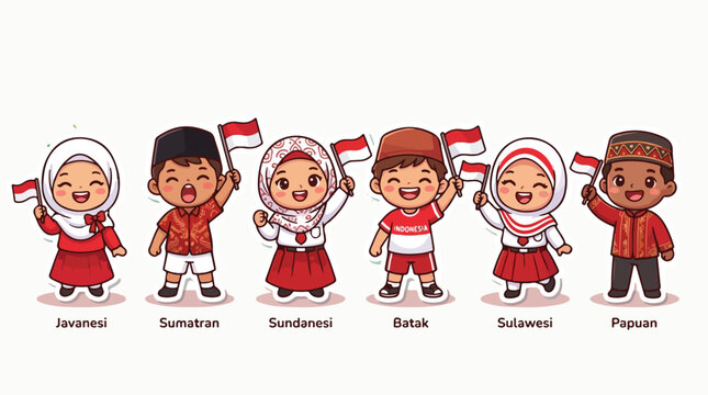 Diverse Indonesian ethnic children characters from Javanese Sumatran Sundanese Batak Sulawesi and Papuan celebrating Independence Day vector illustration
