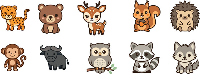 Fototapeta premium Set of cute cartoon woodland and jungle animal characters.