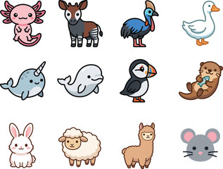 Fototapeta premium Set of cute cartoon animal characters in flat vector style.