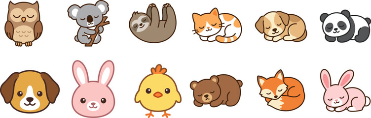 Naklejka premium Set of cute kawaii animal stickers with various characters.